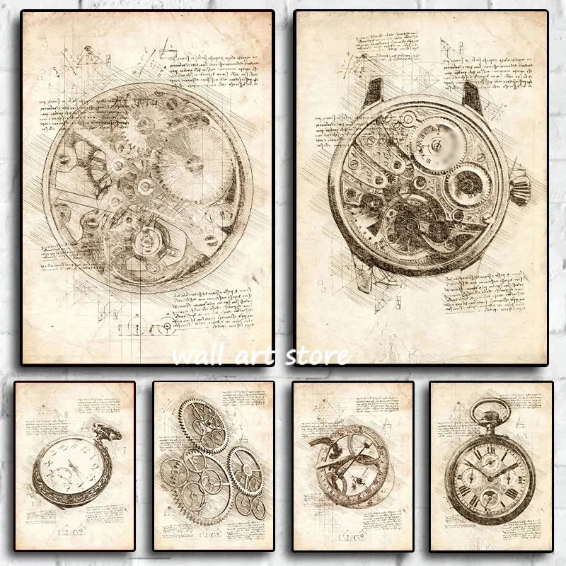 Interior Design Sketch - Póster de boceto de reloj Vintage,
